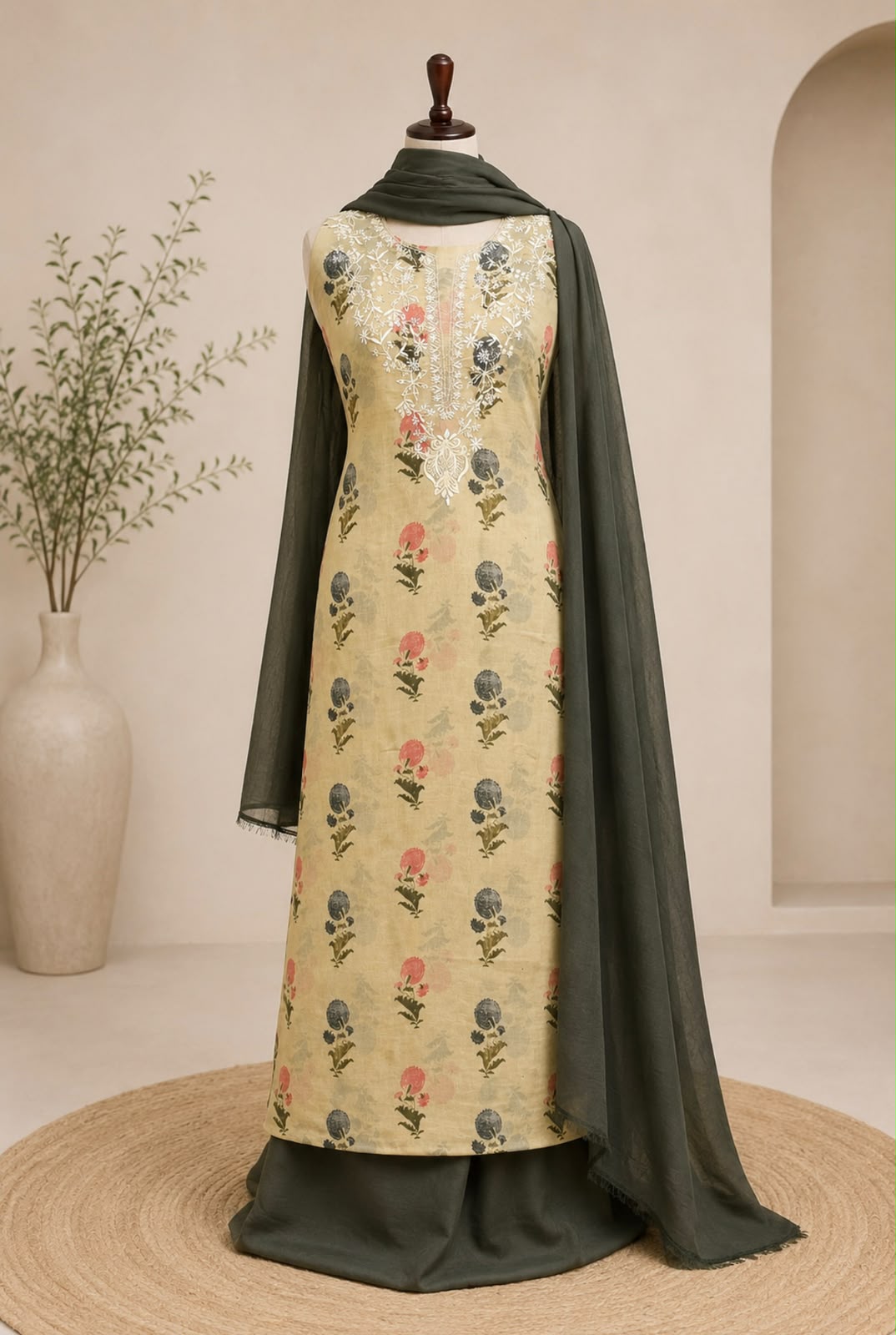 Pure Chiffon Block Printed 3-Piece Chikankari Suit with Fine Hand Embroidery & Mukaish Work